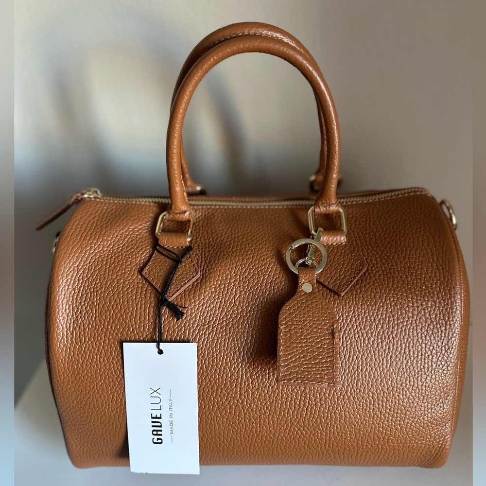 Gave Lux Italian Pebble Grain Leather Barrel Satchel Bag NWT
